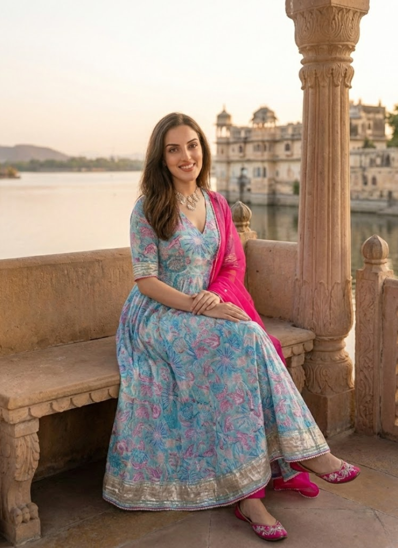 Maslin Anarkali Salwar Suit with Lace Work & Dupatta