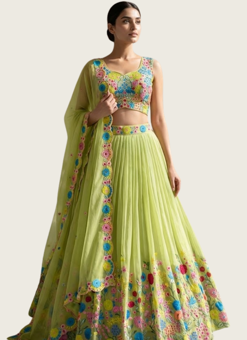 Tabby Organza Silk Lehenga Choli with Thread & Sequins Embroidery + Lace Dupatta