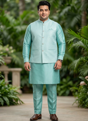 Men’s Silk Kurta Pant Set with Jacquard Koti 2