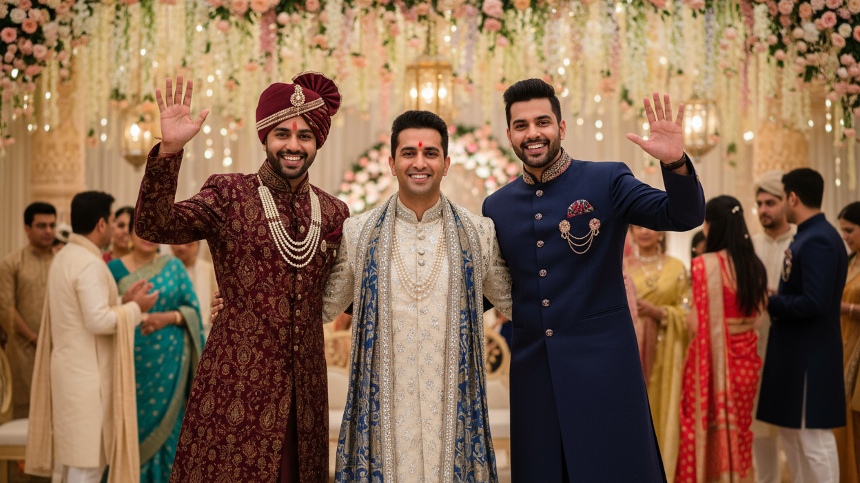 3 man wearing indian wedding party dress