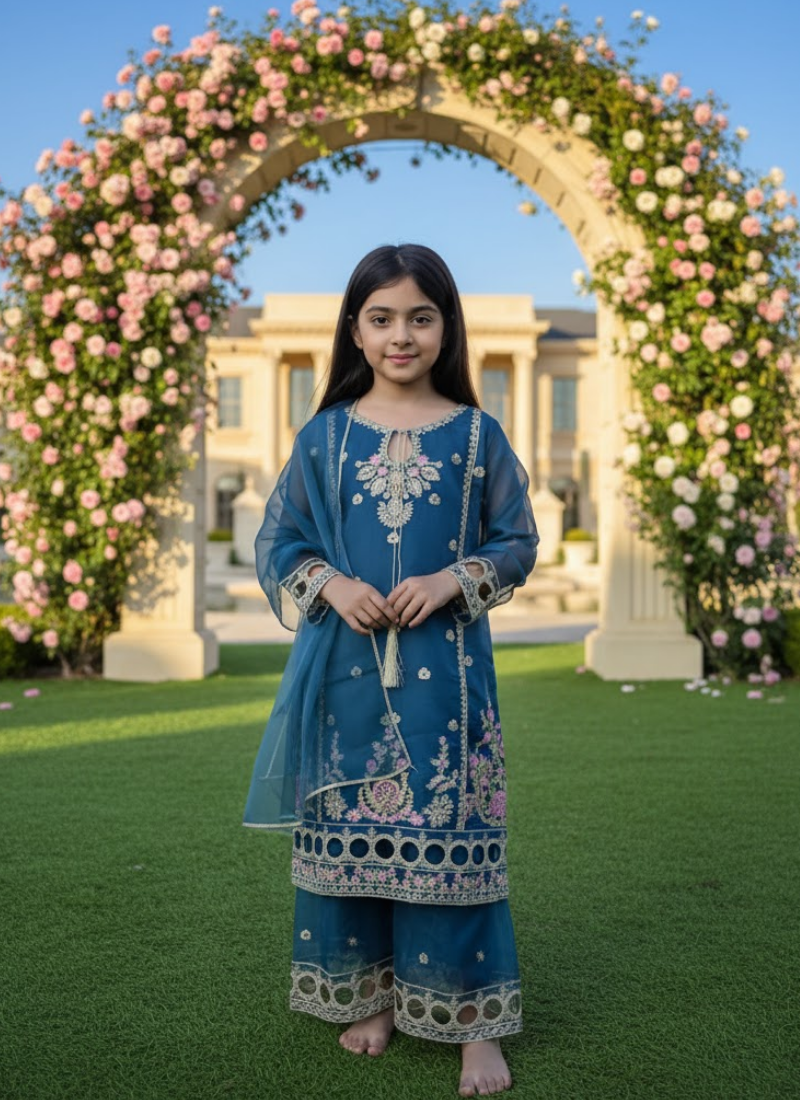 Sea Green Silk Kids Sharara Suit – Festive Elegance
