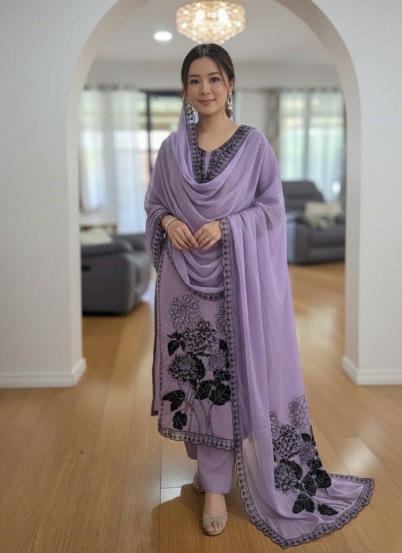 Lilac Maslin Salwar Suit with Black Thread Embroidery & Dupatta