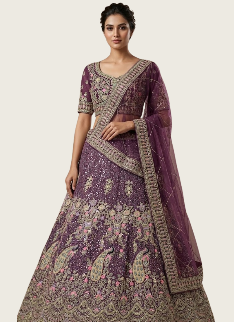 Purple Butterfly Net Lehenga Choli with Sequins & Coding Embroidery + Dupatta