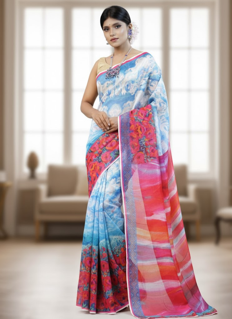 Sky Print Tashar Silk Saree – Red Roses Floral Border