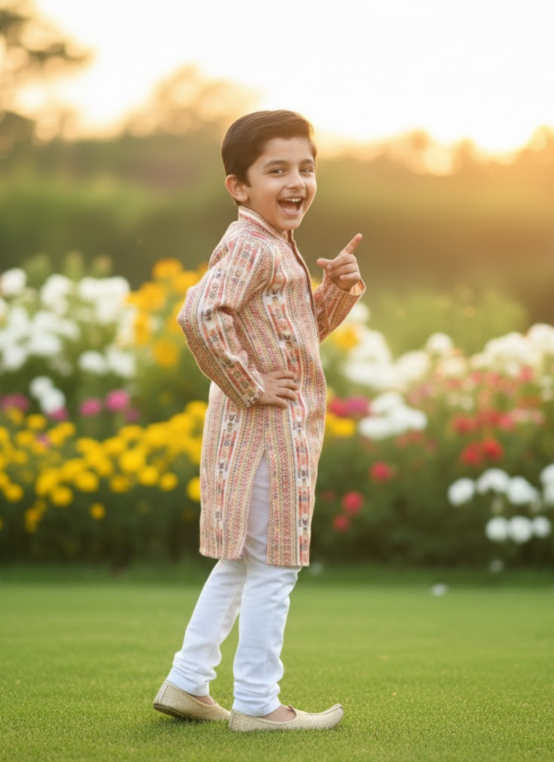 Multicolor Kids Kurta Pajama – Silk Kurta with Cotton Pyjama Set