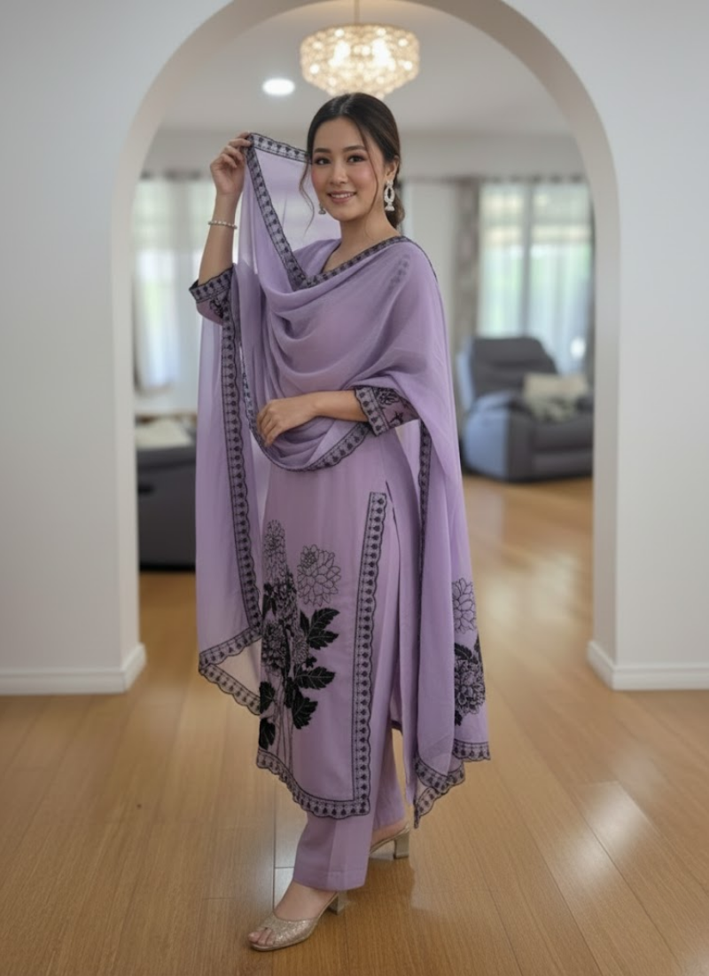 Lilac Maslin Salwar Suit with Black Thread Embroidery & Dupatta