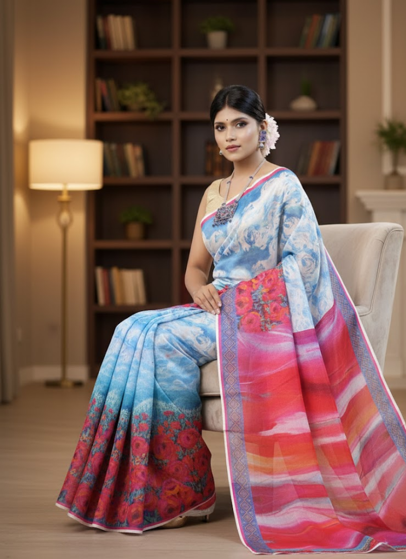 Sky Print Tashar Silk Saree – Red Roses Floral Border