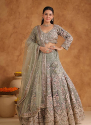 Sage Green Butterfly Net Lehenga Choli with Sequins & Coding Embroidery + Dupatta 3