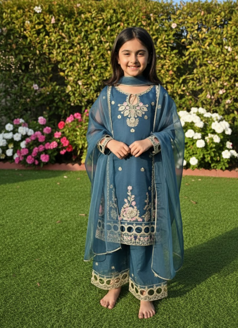 Sea Green Silk Kids Sharara Suit – Festive Elegance