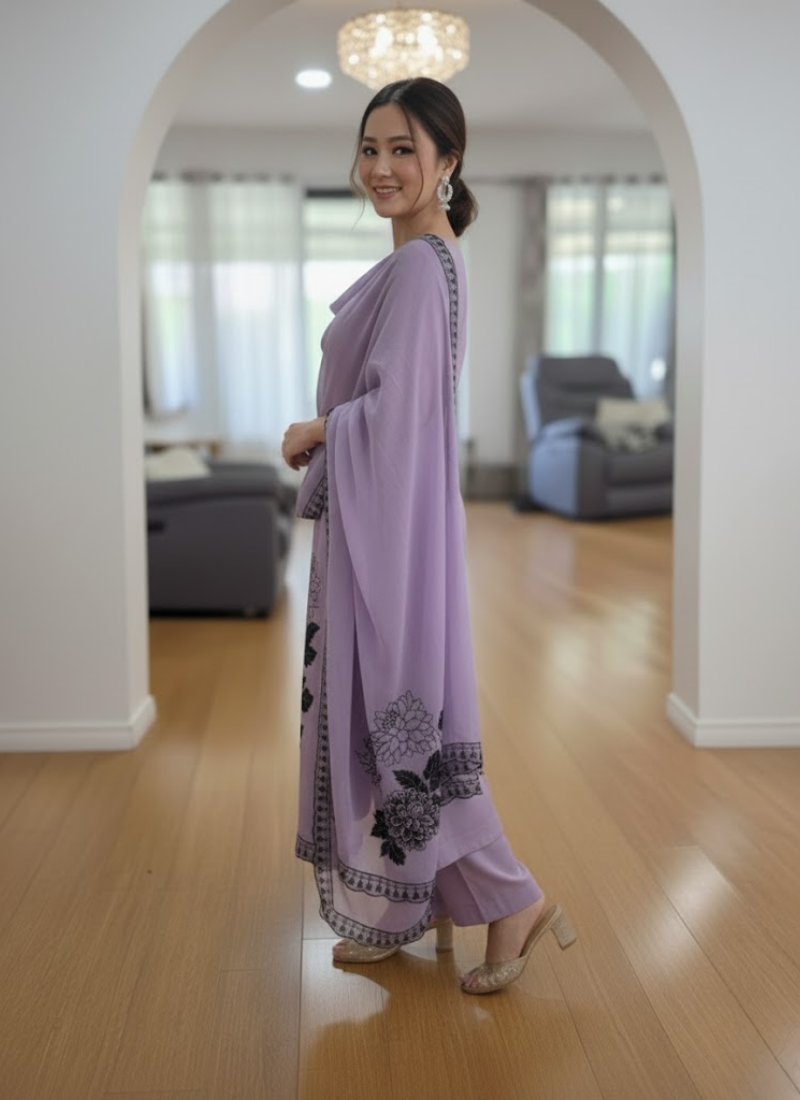 Lilac Maslin Salwar Suit with Black Thread Embroidery & Dupatta
