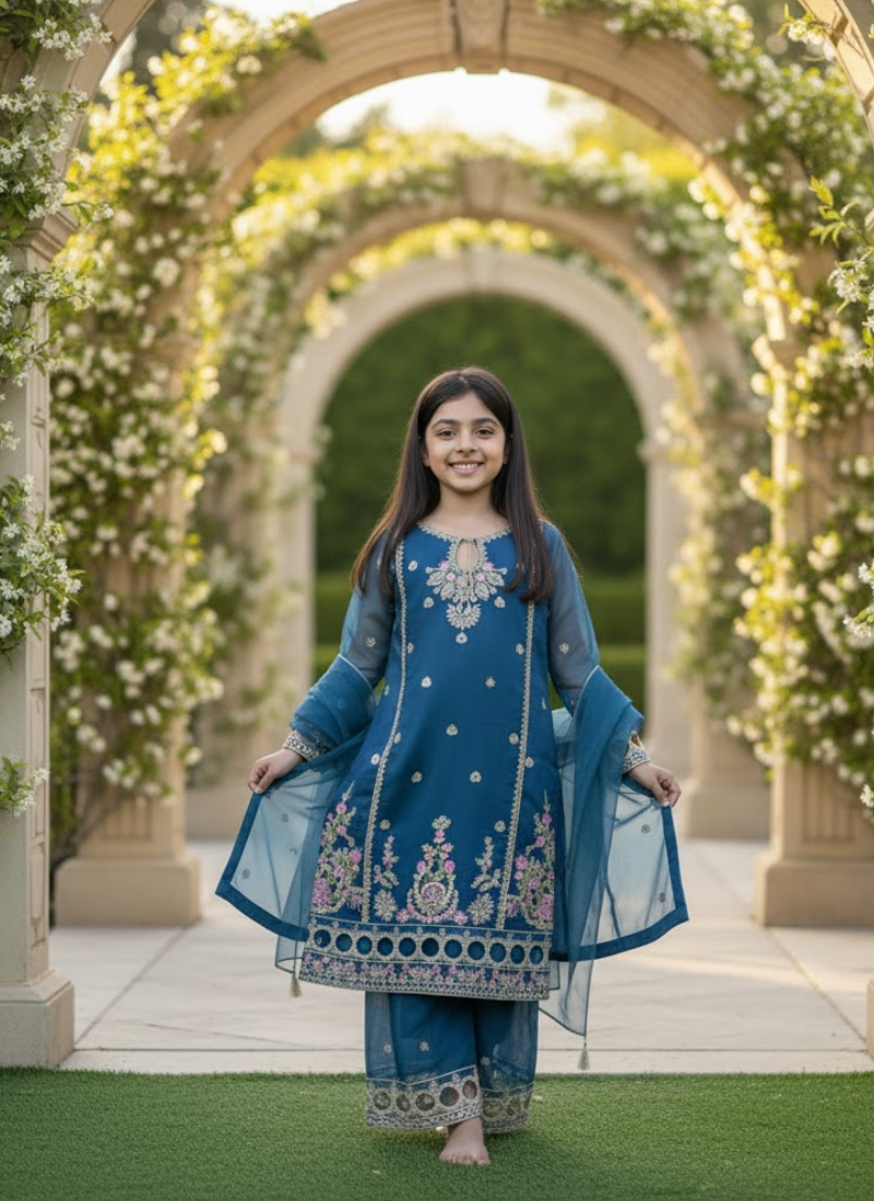 Sea Green Silk Kids Sharara Suit – Festive Elegance