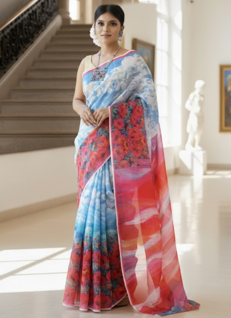 Sky Print Tashar Silk Saree – Red Roses Floral Border