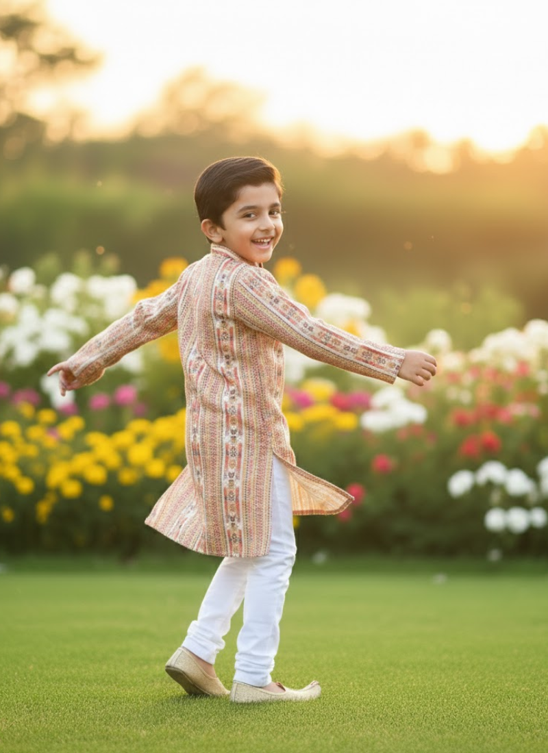 Multicolor Kids Kurta Pajama – Silk Kurta with Cotton Pyjama Set