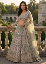 Sage Green Butterfly Net Lehenga Choli with Sequins & Coding Embroidery + Dupatta 4