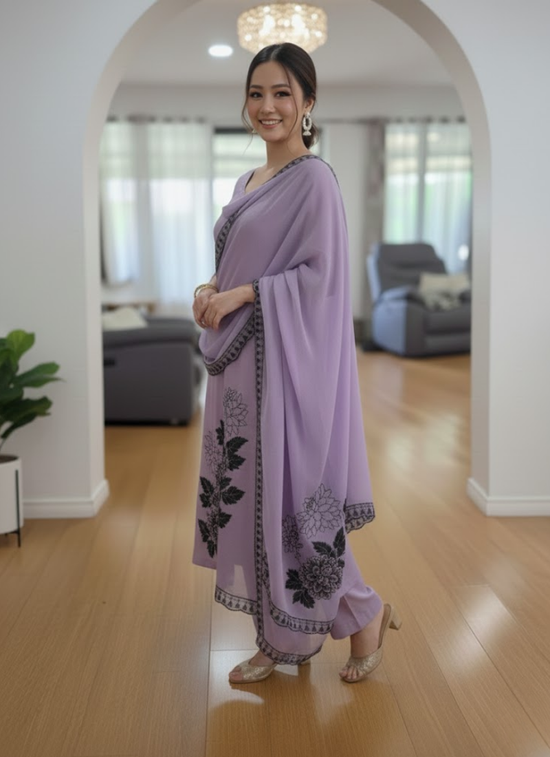 Lilac Maslin Salwar Suit with Black Thread Embroidery & Dupatta