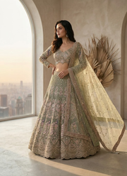 Sage Green Butterfly Net Lehenga Choli with Sequins & Coding Embroidery + Dupatta 5