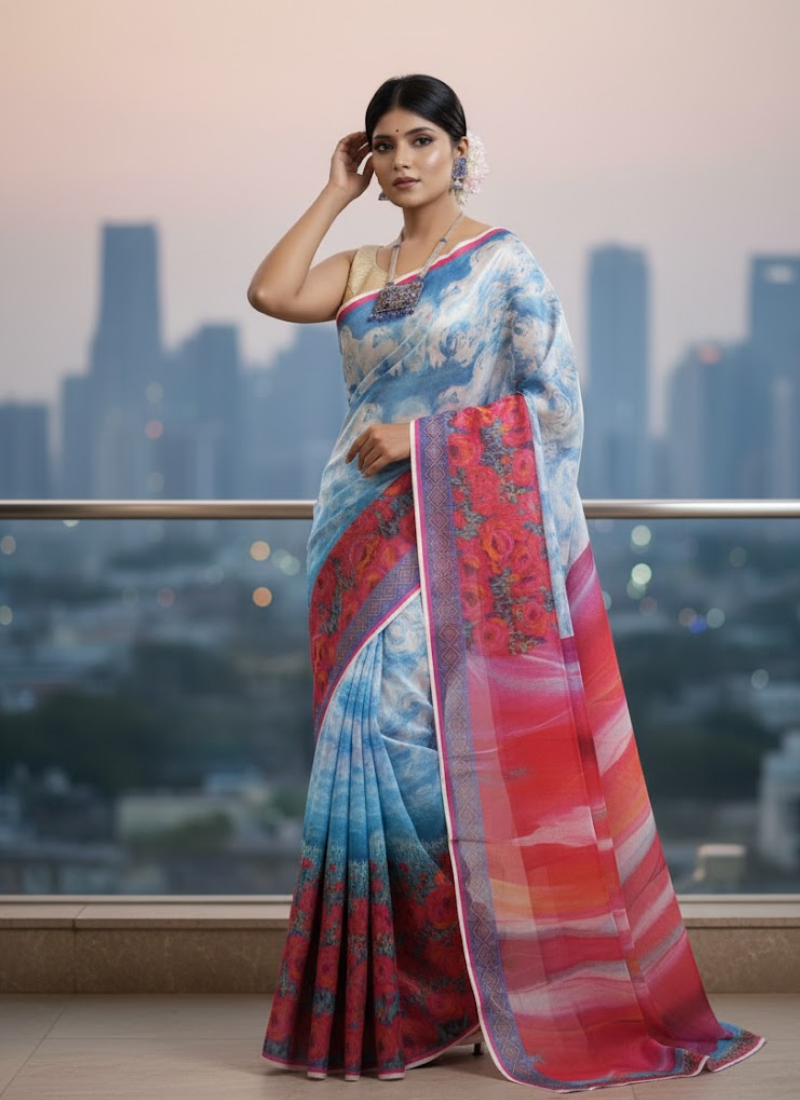 Sky Print Tashar Silk Saree – Red Roses Floral Border