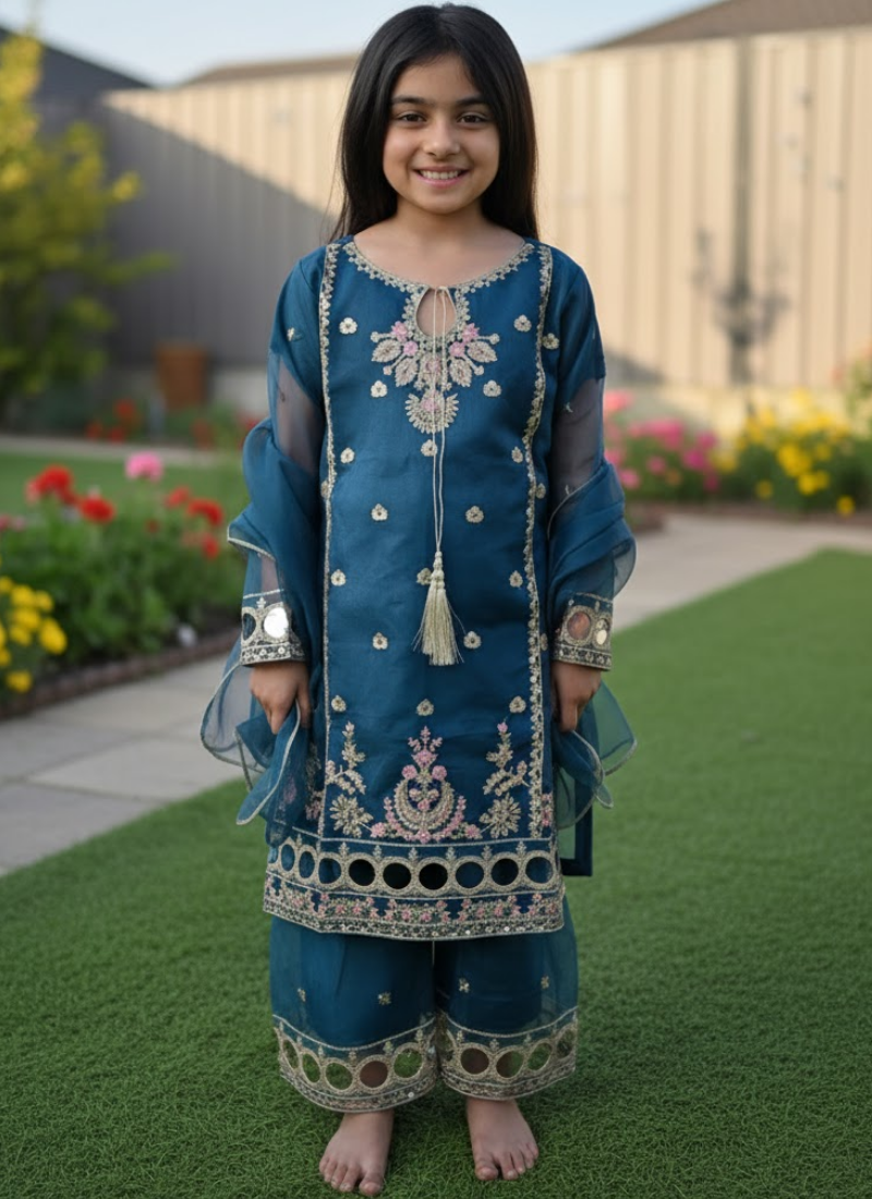 Sea Green Silk Kids Sharara Suit – Festive Elegance