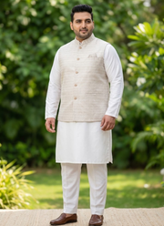 Big Size Men's Indian Jacquard Koti Silk Kurta Pant Set for Diwali or Eid 3