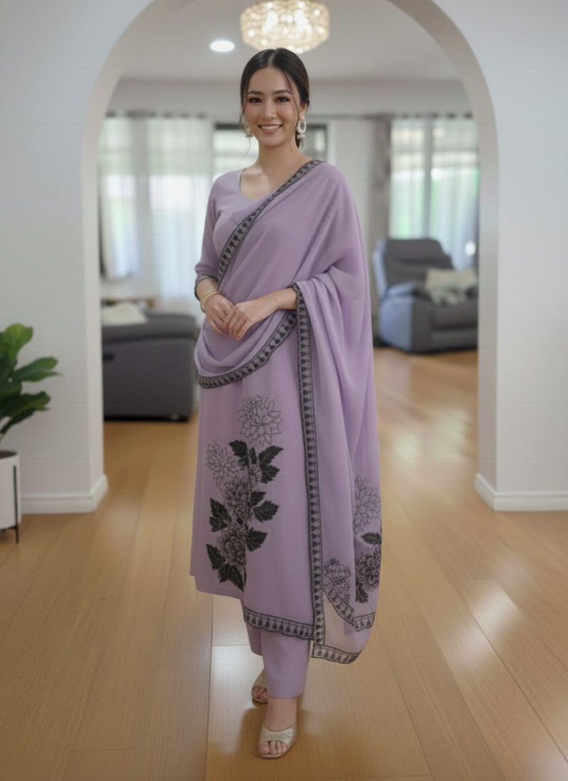 Lilac Maslin Salwar Suit with Black Thread Embroidery & Dupatta