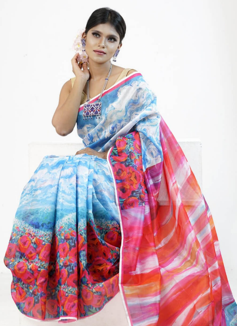 Sky Print Tashar Silk Saree – Red Roses Floral Border
