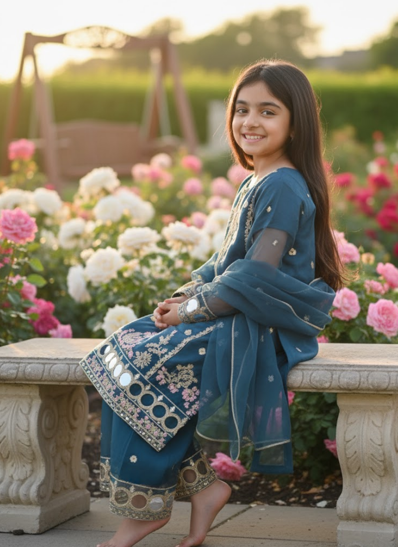 Sea Green Silk Kids Sharara Suit – Festive Elegance