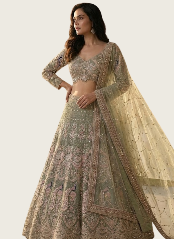 Sage Green Butterfly Net Lehenga Choli with Sequins & Coding Embroidery + Dupatta Australia