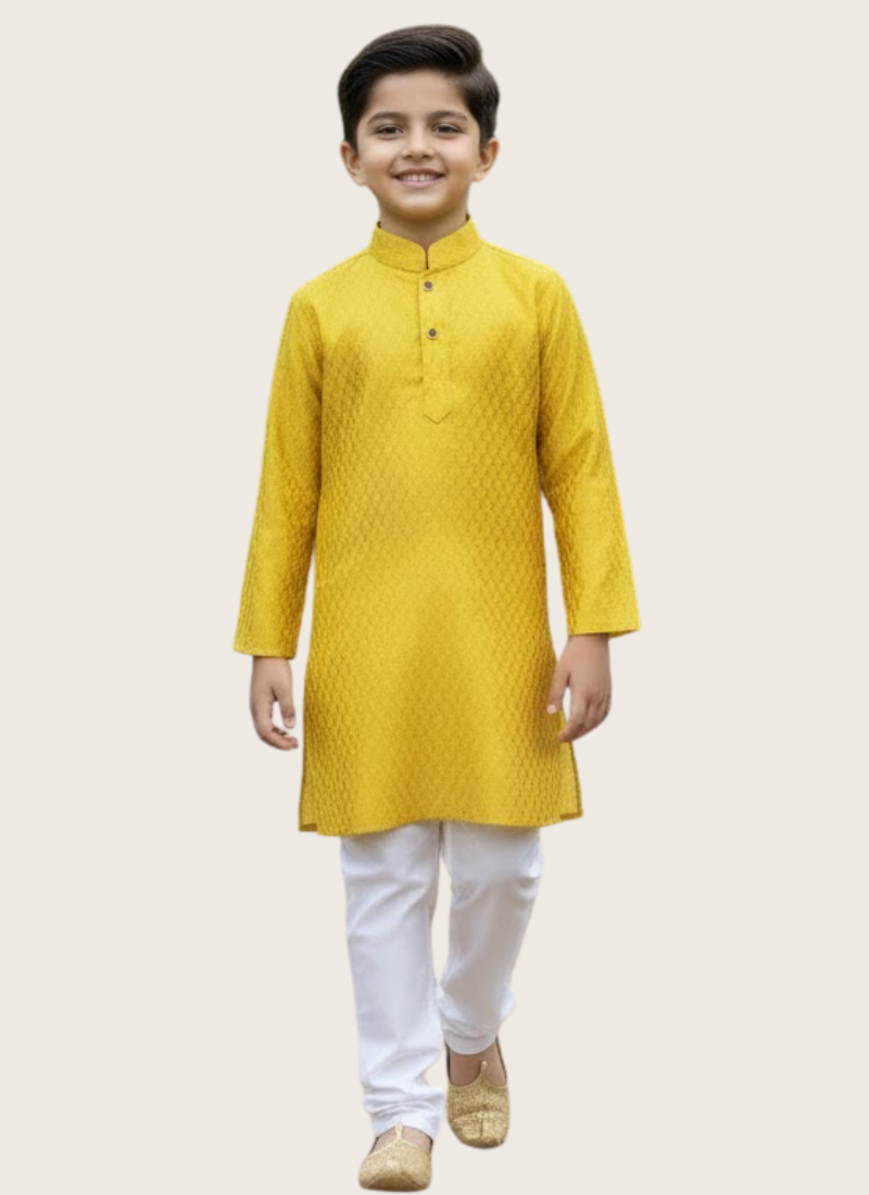 Yellow Silk Kurta with White Cotton Pyjama – Kids Kurta Pajama Set