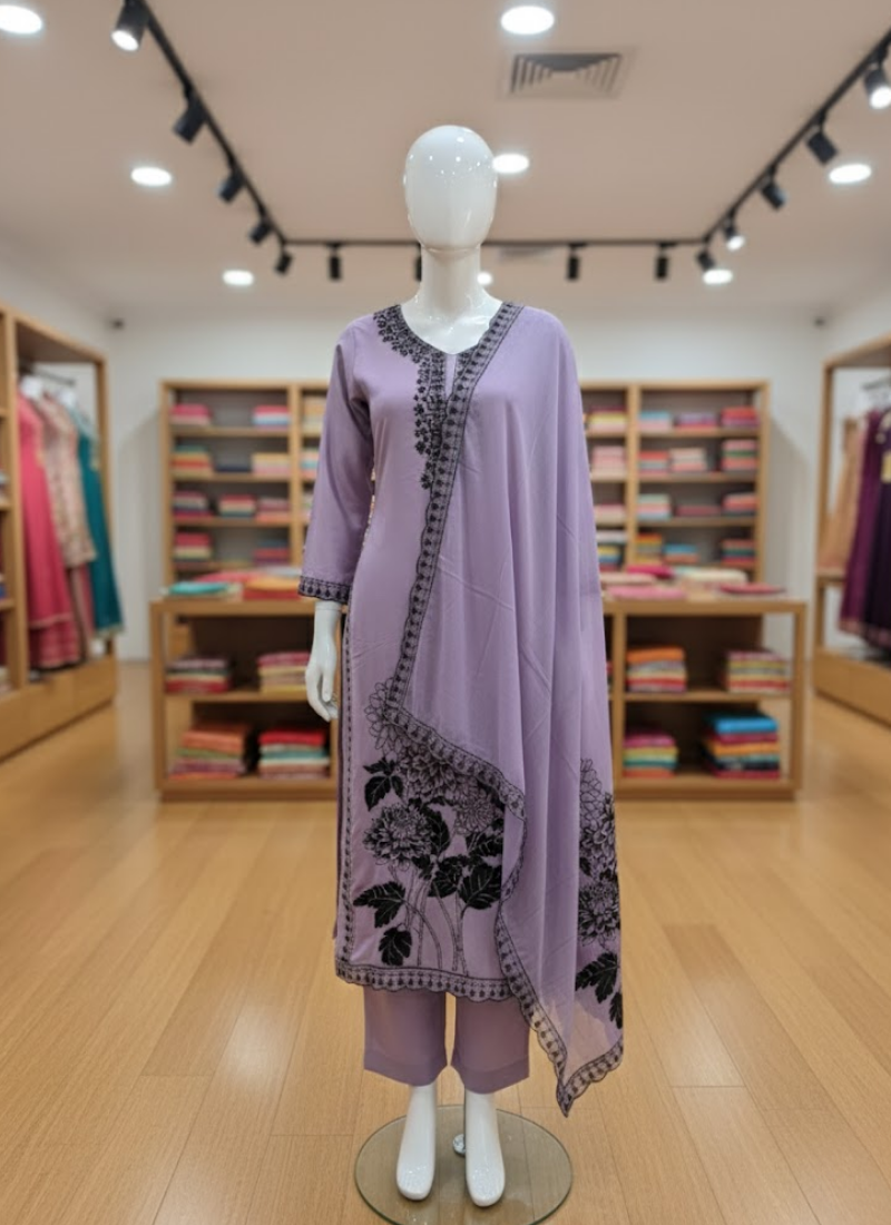Lilac Maslin Salwar Suit with Black Thread Embroidery & Dupatta