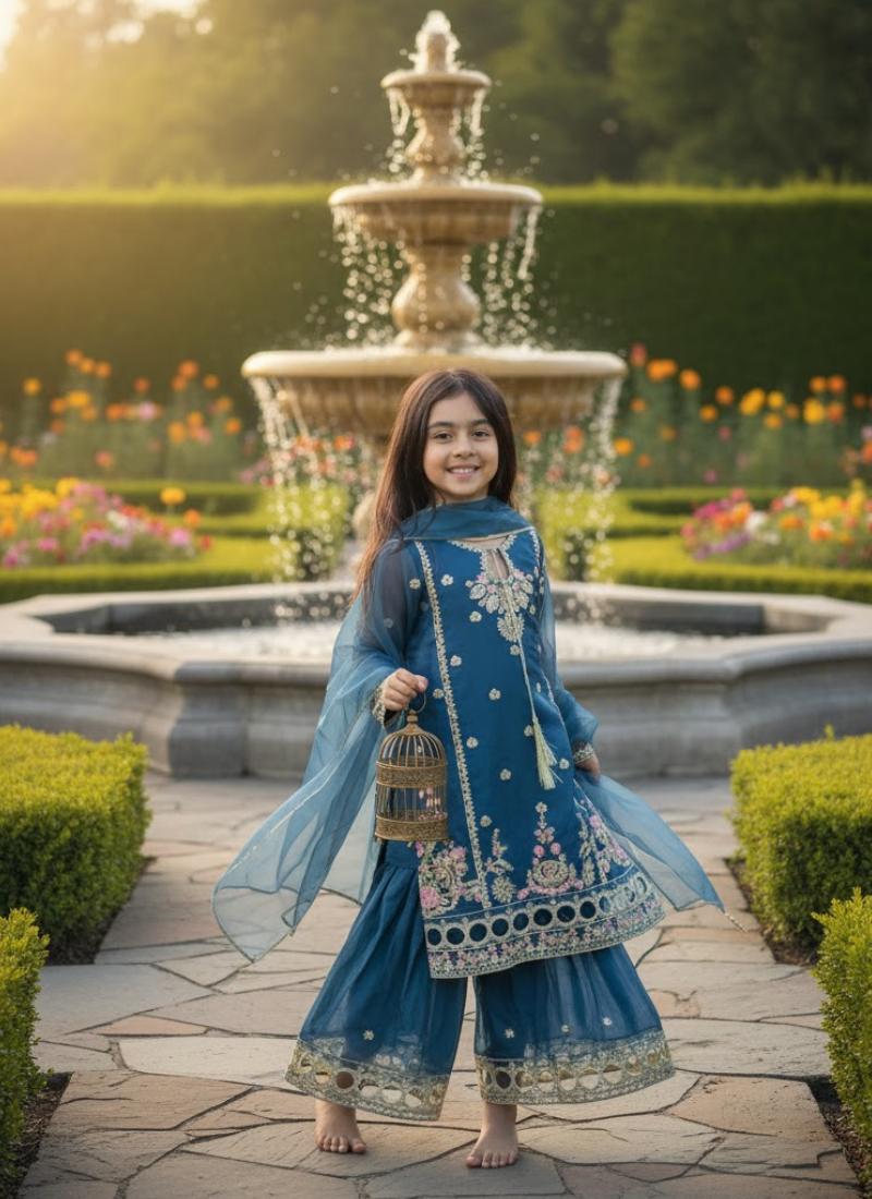 Sea Green Silk Kids Sharara Suit – Festive Elegance