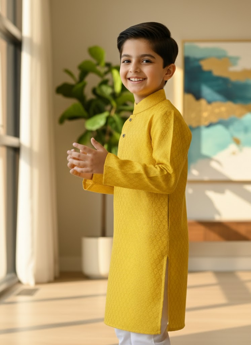Yellow Silk Kurta with White Cotton Pyjama – Kids Kurta Pajama Set