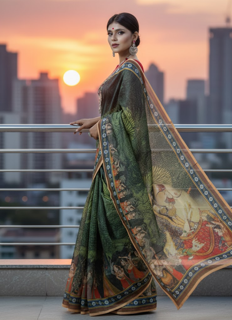 Green Tashar Silk Saree – Moha Rani & Moharaja Artistic Print