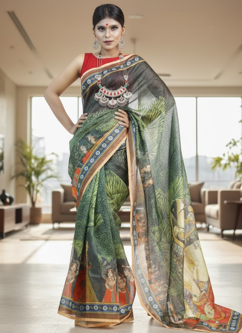 Green Tashar Silk Saree – Moha Rani & Moharaja Artistic Print