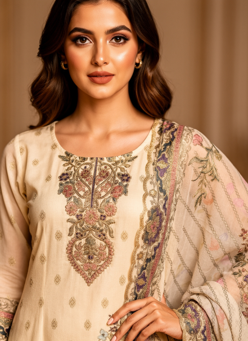 White Jamie Straight Salwar Suit with Floral Print & Chiffon Dupatta