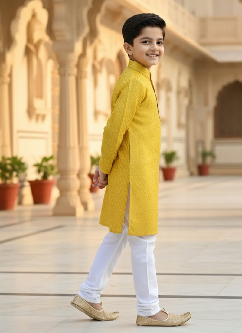 Yellow Silk Kurta with White Cotton Pyjama – Kids Kurta Pajama Set