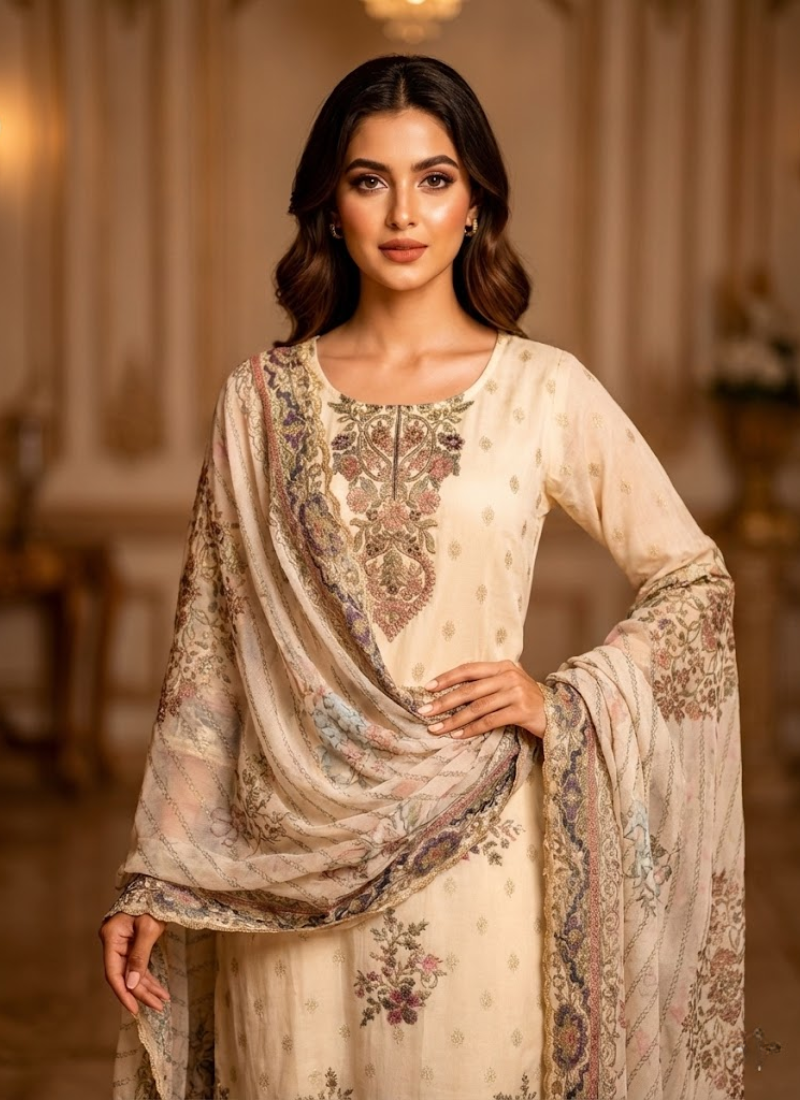 White Jamie Straight Salwar Suit with Floral Print & Chiffon Dupatta