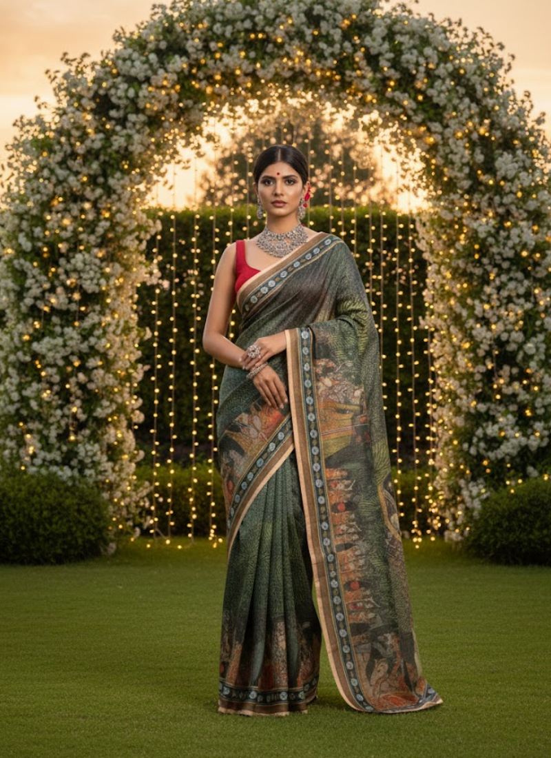 Green Tashar Silk Saree – Moha Rani & Moharaja Artistic Print