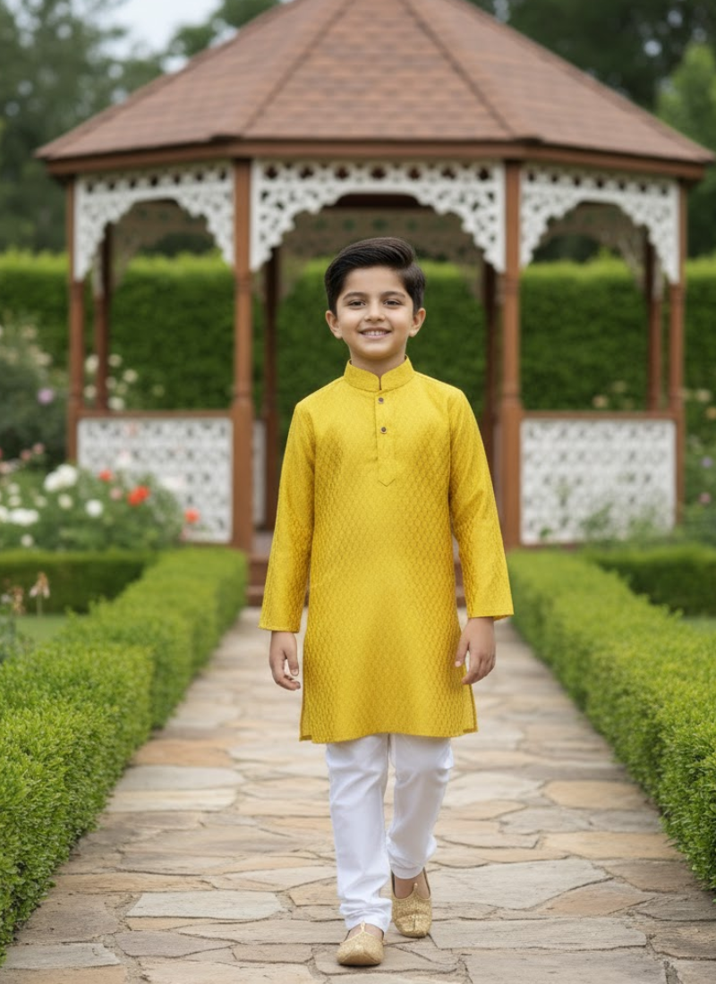 Yellow Silk Kurta with White Cotton Pyjama – Kids Kurta Pajama Set