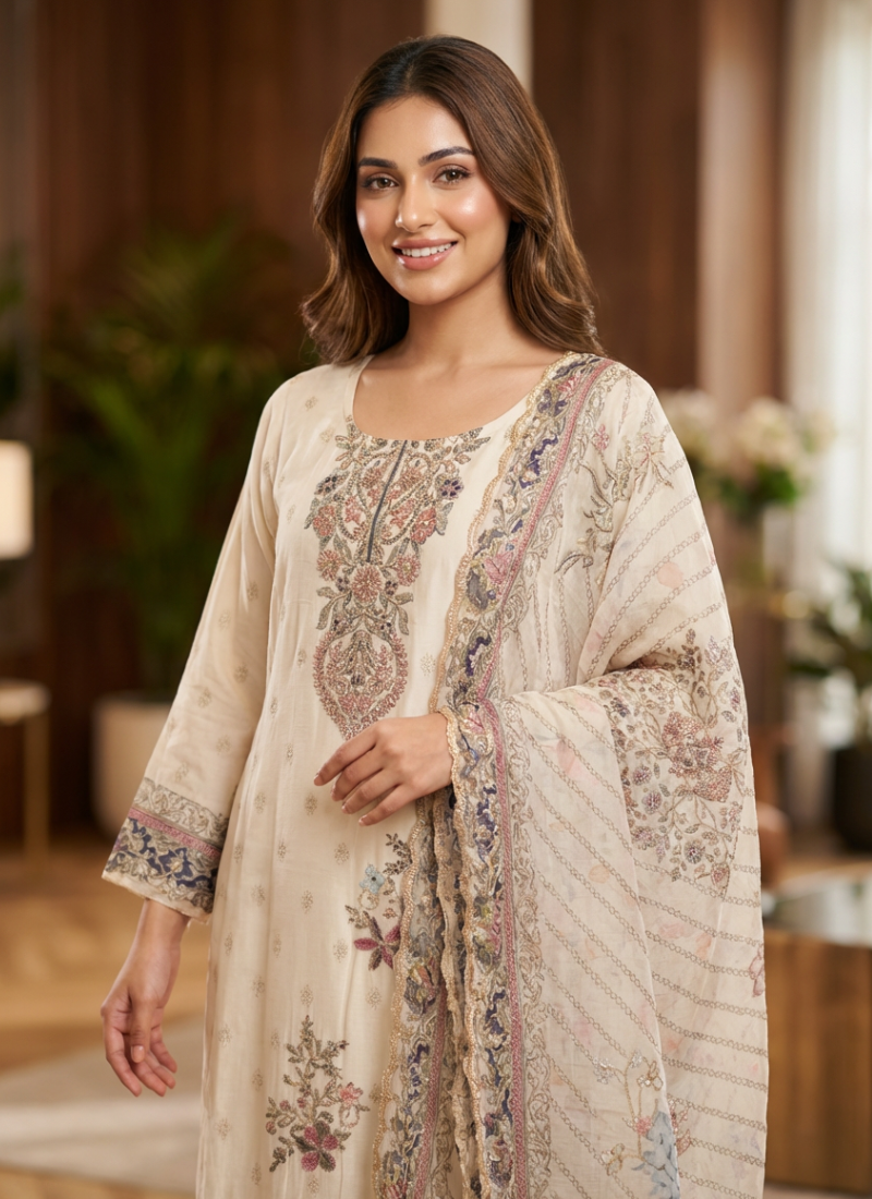 White Jamie Straight Salwar Suit with Floral Print & Chiffon Dupatta