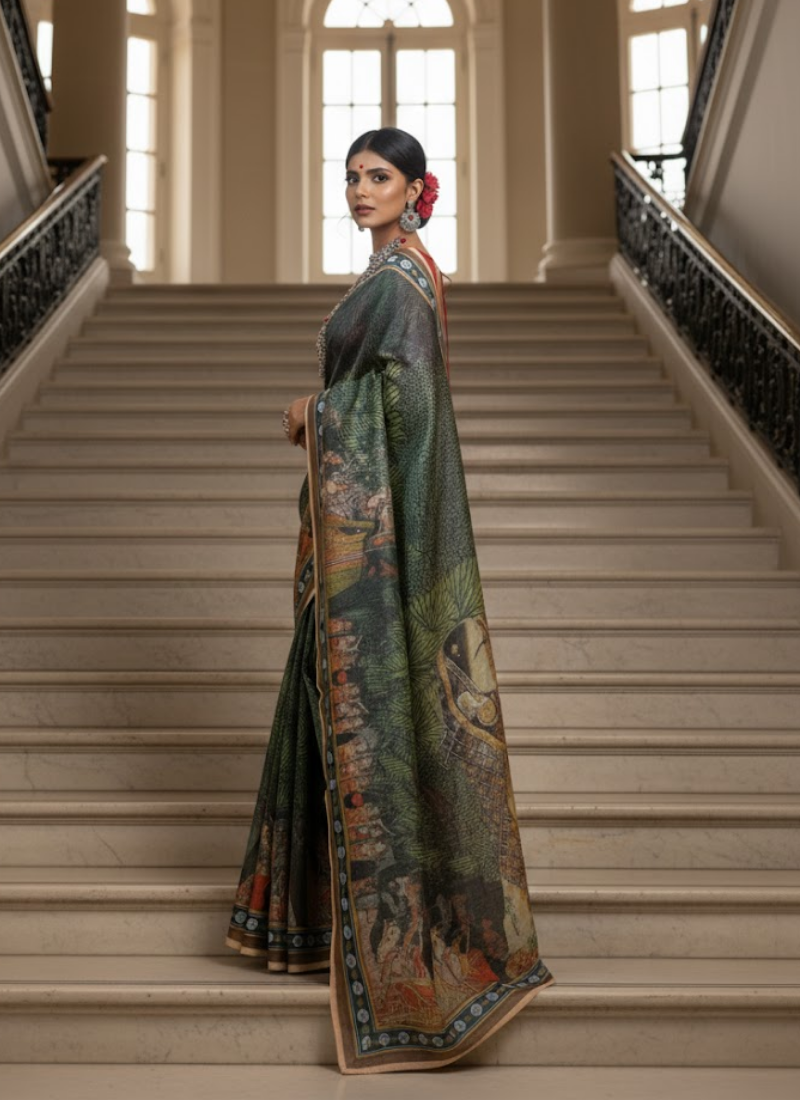 Green Tashar Silk Saree – Moha Rani & Moharaja Artistic Print