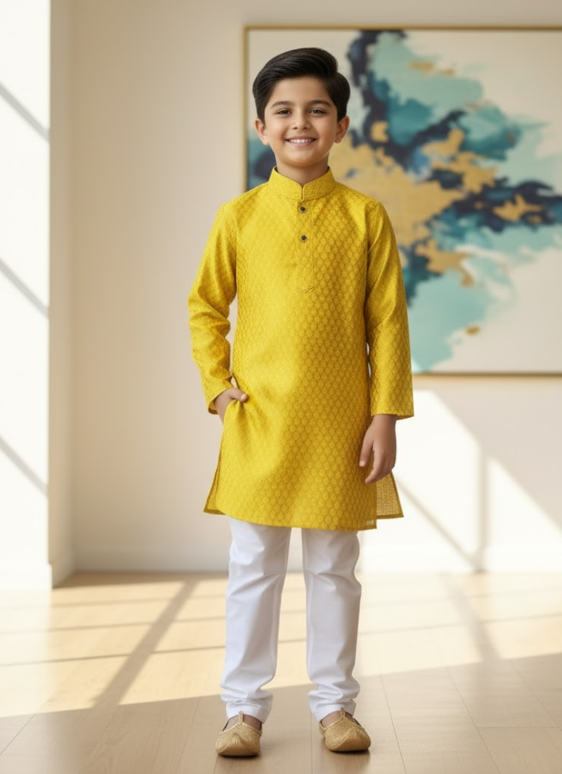 Yellow Silk Kurta with White Cotton Pyjama – Kids Kurta Pajama Set