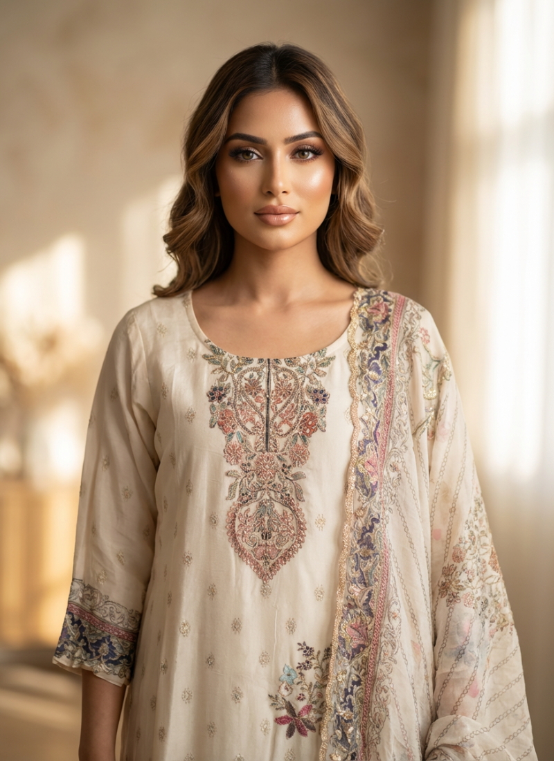 White Jamie Straight Salwar Suit with Floral Print & Chiffon Dupatta