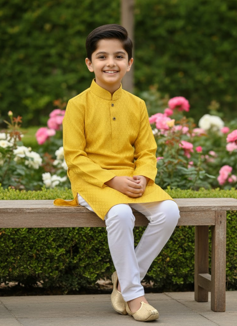 Yellow Silk Kurta with White Cotton Pyjama – Kids Kurta Pajama Set