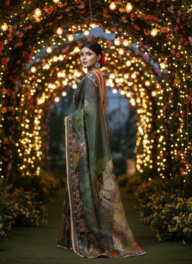 Green Tashar Silk Saree – Moha Rani & Moharaja Artistic Print