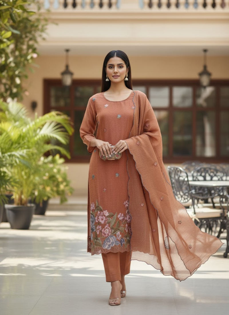 Crepe Silk Salwar Suit – Rust Orange with Floral Embroidery