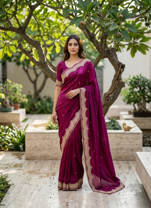 Fendy Satin Silk Saree – Gold Embroidery with Pearl Detailing & Matching Blouse Australia