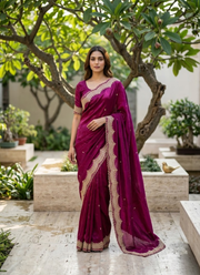 Fendy Satin Silk Saree – Gold Embroidery with Pearl Detailing & Matching Blouse 1