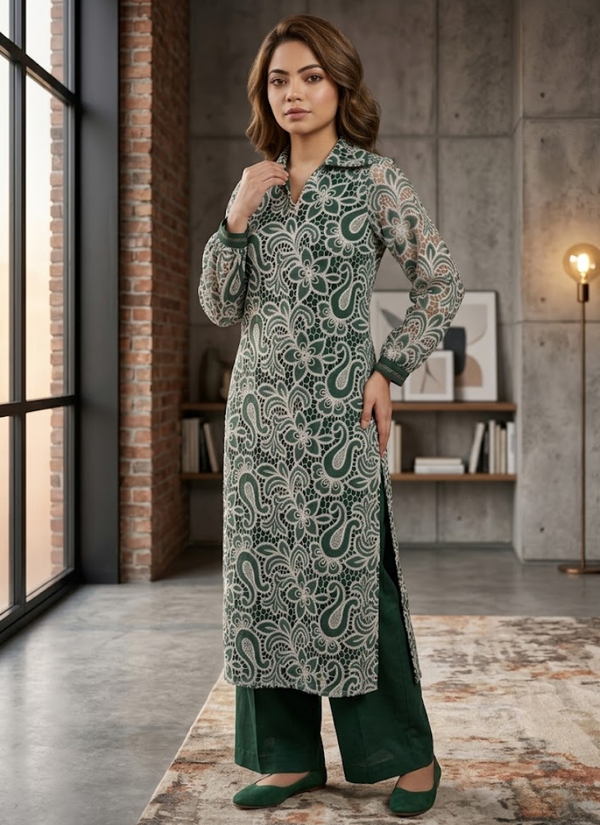 Bottle Green Silk Chikankari Co‑Ord Set with Divider Bottom
