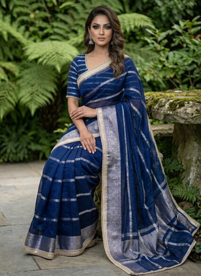 Navy Blue Banarasi Organza Saree with Blouse Piece