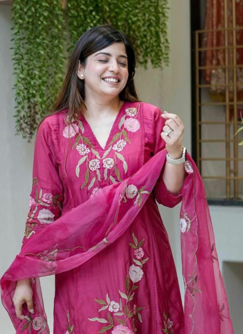 Pink Anarkali Suit in Pure Chanderi Silk with Embroidery + Organza Dupatta